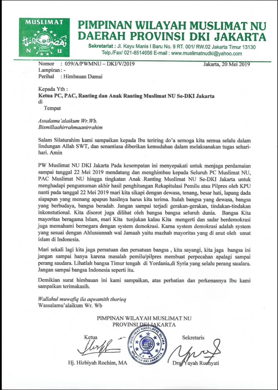 Pimpinan Wilayah Muslimat NU Provinsi DKI Jakarta Keluarkan Surat Imbauan untuk 22 Mei 2 20190521 100313