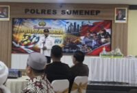 Bupati Sumenep Achmad Fauzi Wongsojudo saat menyampaikan sambutan di acara tasyakuran Hari Bhayangkara ke-80 Polres Sumenep