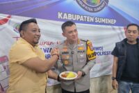 Kapolresta Sumenep Kombes Pol Ariek Indra Sentanu (kanan) saat menerima potongan tumpang dari Ketua DPD IWO Sumenep, Imam Mustain Ramli