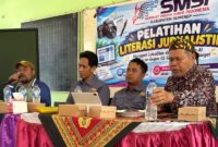 Dari kiri, Ketua SMSI Sumenep, Wahyudi, Moh. Sumardono, Prengki Wirananda, Pengawas SDN Wilayah Kalianget, H. Abd. Aziz, M.Pd dan Ketua Gugus 02 Kalianget, A. Yudhi