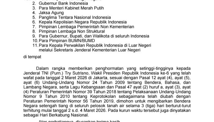 Pemerintah Tetapkan Hari Berkabung Nasional 2–4 Maret 2026, Bendera Merah Putih Dikibarkan Setengah Tiang