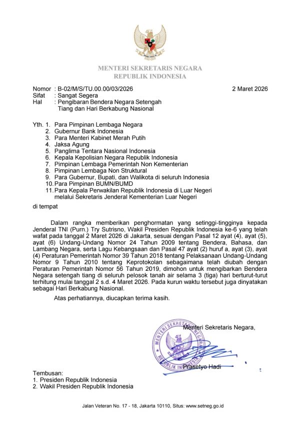 Pemerintah Tetapkan Hari Berkabung Nasional 2–4 Maret 2026, Bendera Merah Putih Dikibarkan Setengah Tiang